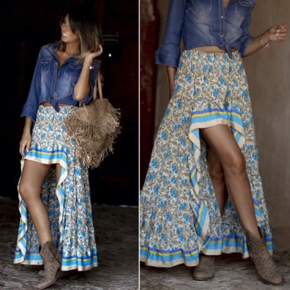 030 Boho High low Floral print Maxi Skirt - Picture 2 of 5